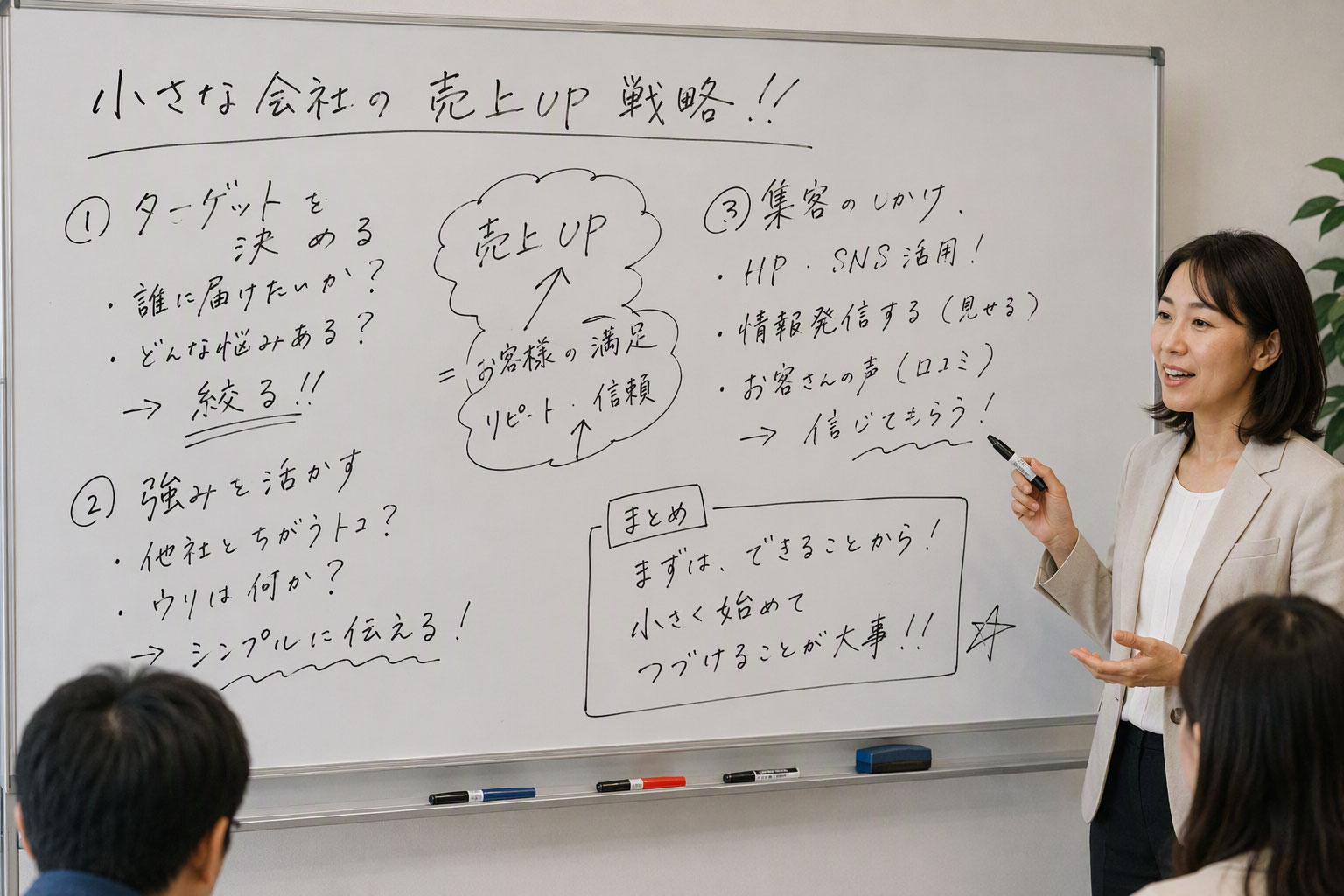 ホワイトボードに手書きで売上UP戦略を示しながら、女性が着席した参加者に説明している研修風景