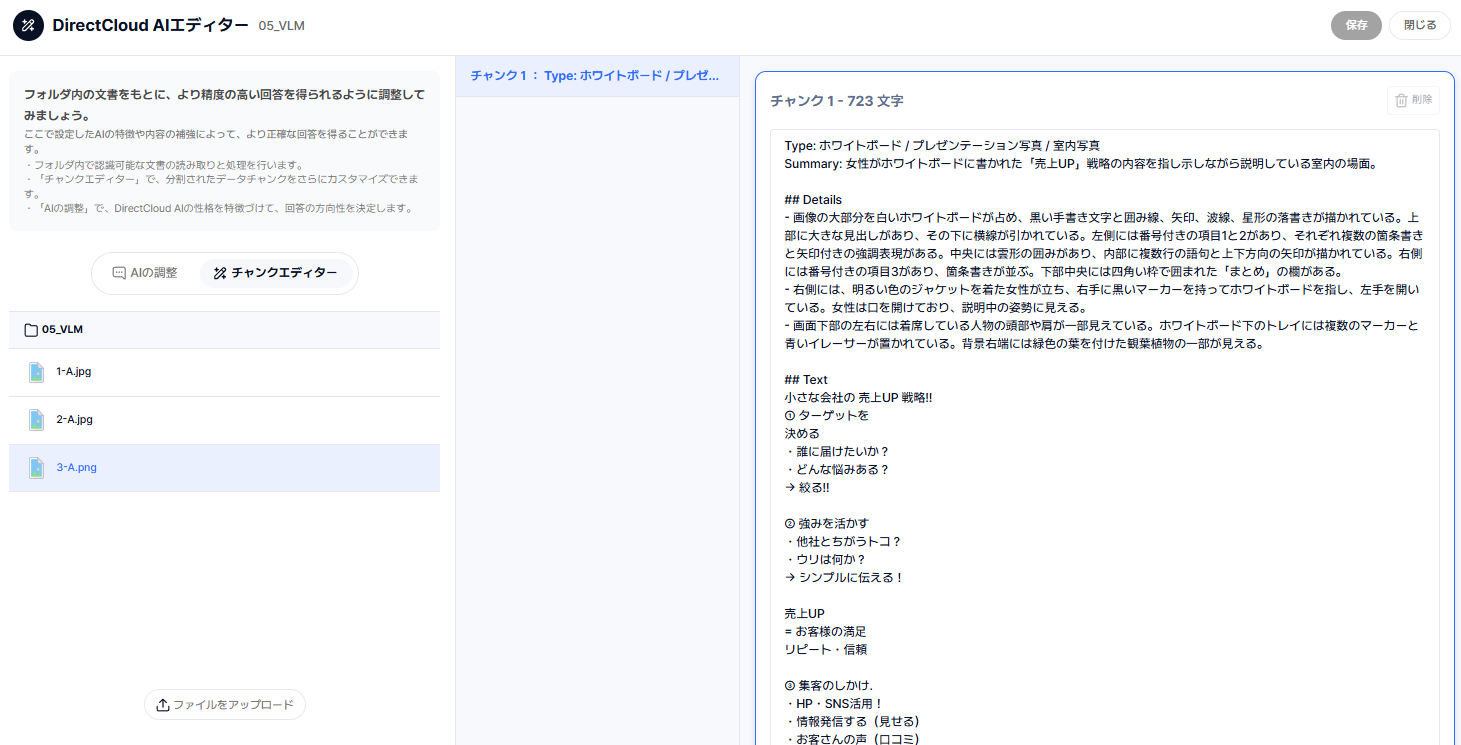 同じ写真から生成された723文字のデータチャンク。板書の内容だけでなく、人物の姿勢や室内の様子まで記述されている