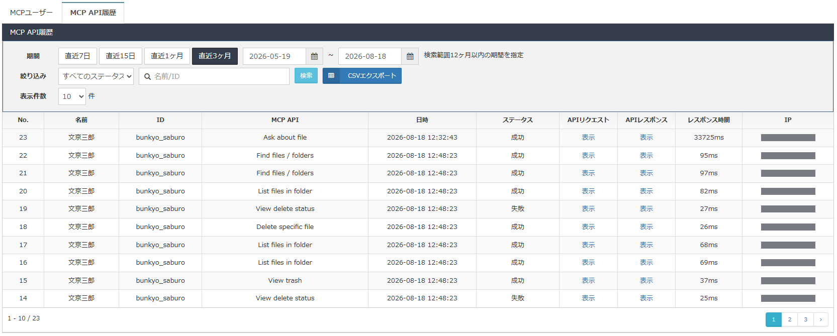 管理ページのMCP API履歴画面。実行者、実行したAPI、日時、成否などが一覧表示されている