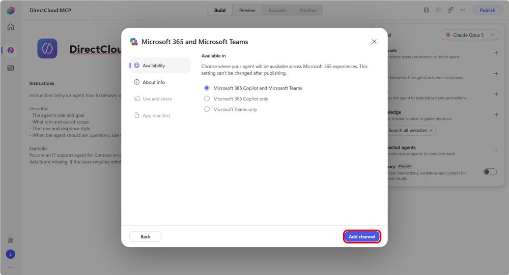 図27：利用できる範囲を選び、「Add channel」ボタンをクリックします。