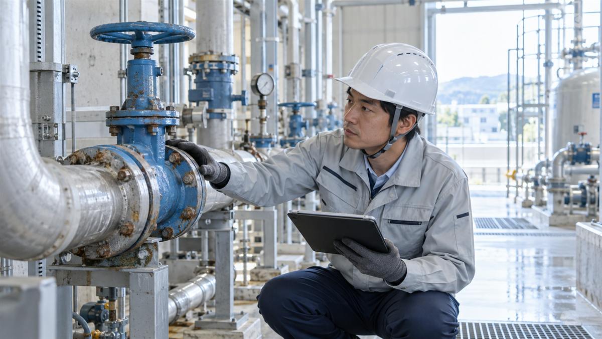 工場の配管とバルブを点検する設備保全担当者