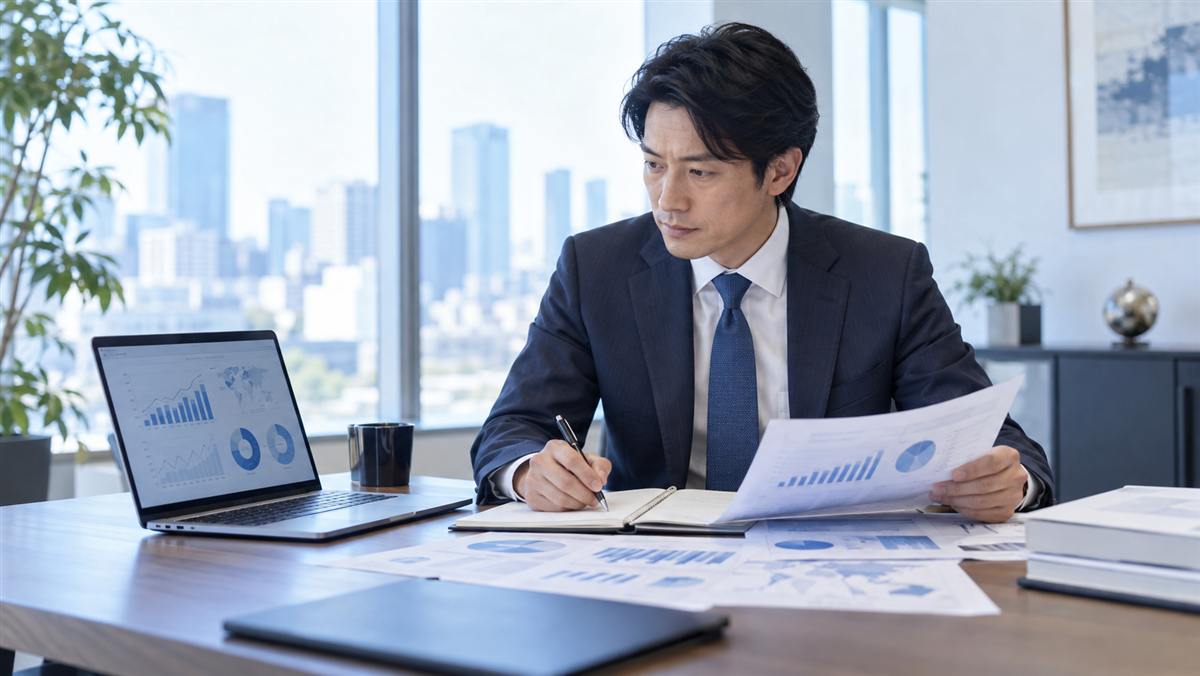 四半期の販売データと事業計画を確認する経営企画担当者