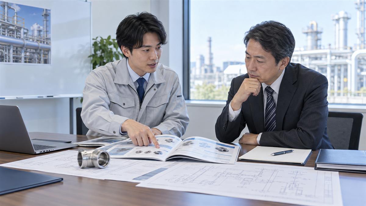 配管の製品カタログと仕様書を示す技術営業担当者